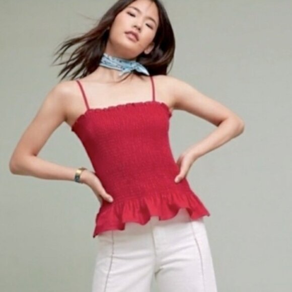 Anthropologie Maeve Women's Linen Blend Smocked Peplum Cami In Pink Size S - Picture 1 of 10